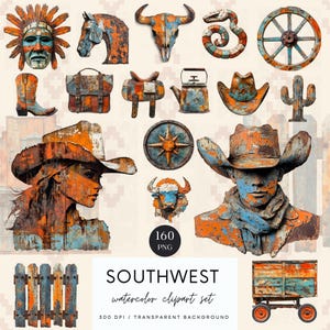Südwesten Clipart, Wilder Westen Clipart, Western Clipart, Cowboy Clipart, Saloon, Kaktus, Sattel, Sublimation, kommerzielle Nutzung, digitaler Download