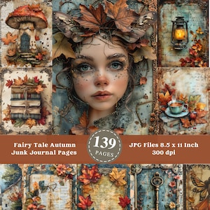 Página de diário de contos de fadas de outono, folha de colagem de outono, álbum de recortes digital, fundos para impressão, download instantâneo de JPG