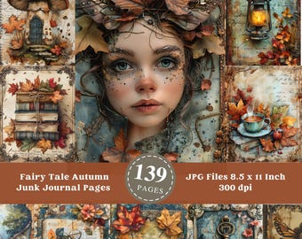 May include: 139 digital junk journal pages featuring autumnal imagery, including a girl with leaves in her hair, a mushroom house, a lantern, a cup of tea, and a key. The pages are 8.5 x 11 inches and 300 dpi.