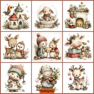 May include: A collection of nine festive illustrations featuring woodland animals, including a bird on a house, a rabbit in a snow globe, a fireplace, a deer with an owl, squirrels with a cookie, a cow with gifts, a cat, a gnome, and a reindeer.