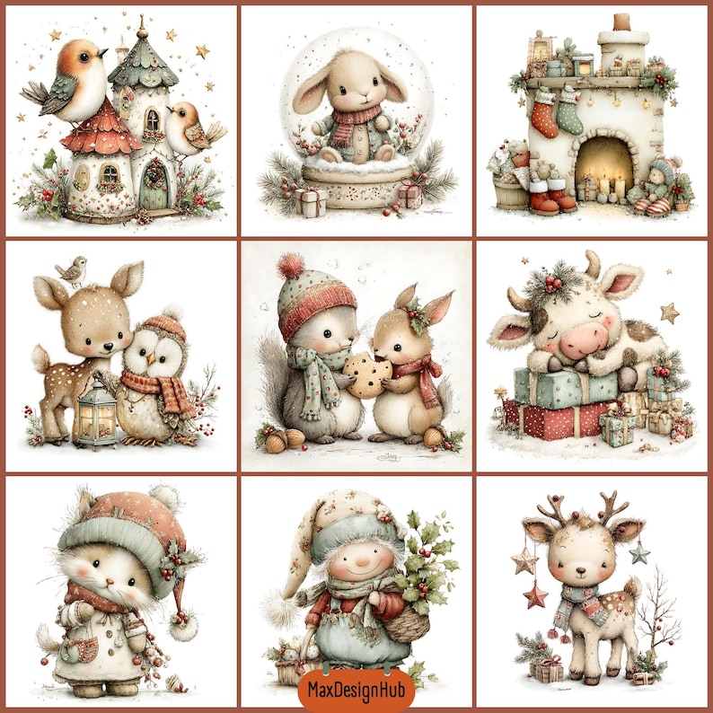 May include: A collection of nine festive illustrations featuring woodland animals, including a bird on a house, a rabbit in a snow globe, a fireplace, a deer with an owl, squirrels with a cookie, a cow with gifts, a cat, a gnome, and a reindeer.