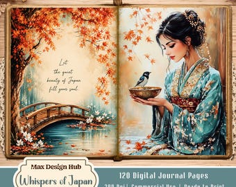 Whispers of Japan Junk Journal Pages, Japanese Autumn Printable, Watercolor Journal Kit, Scrapbook Paper