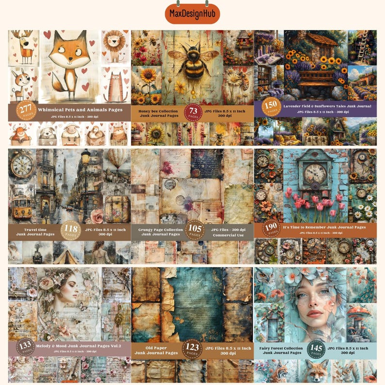 May include: A collection of 10 digital paper packs for junk journaling. The packs include whimsical animals, honey bees, travel scenes, grungy pages, old paper, a fairy forest, and more. Each pack contains 73 to 190 digital papers, measuring 8.5 inches by 11 inches, at 300 dpi.