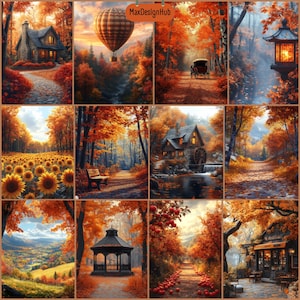 May include: A collage of autumn-themed images. Scenes include a stone cottage, a hot air balloon over a forest, a horse-drawn carriage on a path, a lantern by a stream, a sunflower field, a bench on a path, a watermill, a gazebo, and a cafe.