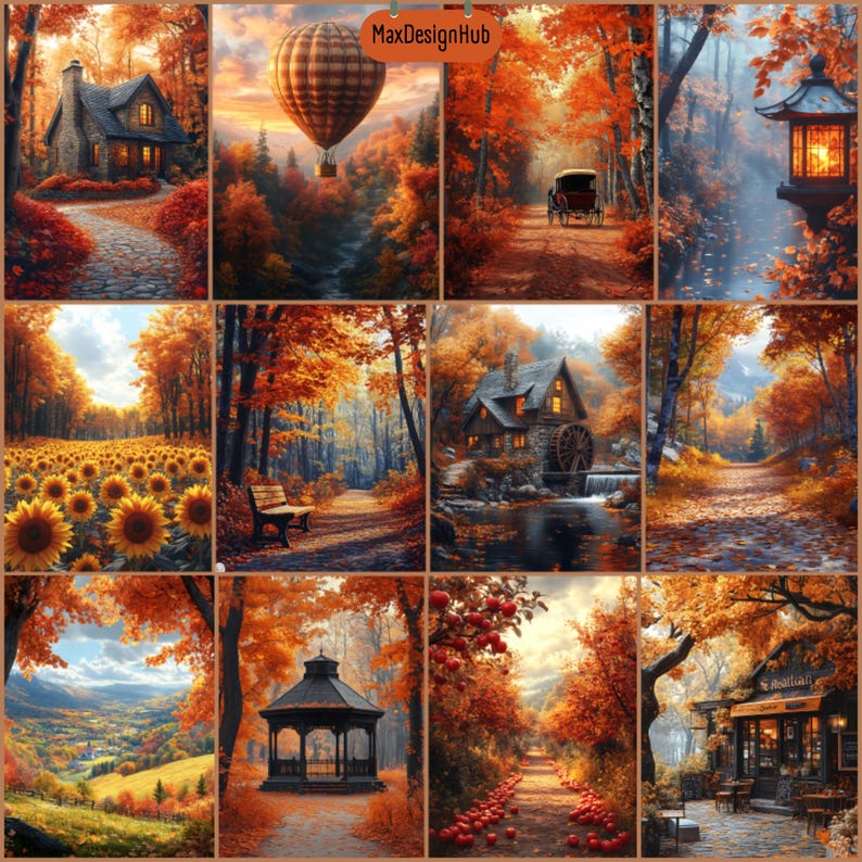 May include: A collage of autumn-themed images. Scenes include a stone cottage, a hot air balloon over a forest, a horse-drawn carriage on a path, a lantern by a stream, a sunflower field, a bench on a path, a watermill, a gazebo, and a cafe.
