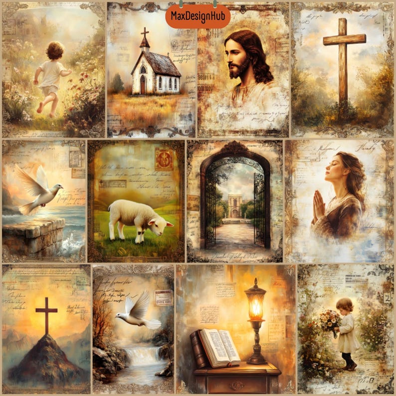 Może przedstawiać: Kolaż obraz&oacute;w w stylu vintage z motywem religijnym. Obrazy przedstawiają kości&oacute;ł, krzyż, gołębia, jagnię, modlącą się kobietę, Biblię, lampę i dziecko trzymające kwiaty. Obrazy są utrzymane w ciepłej, ziemistej kolorystyce i mają postarzony, zużyty wygląd.