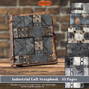 Könnte beinhalten: Ein Scrapbook im Industrial-Loft-Stil mit einem Cover aus Metall mit Used-Look und einem Leder-Rücken. Das Cover zeigt genietete Metallplatten in Kreuzform. Das Bild zeigt auch Beispielseiten mit industriellen Texturen. Der Text lautet "Industrial Loft Scrapbook - 45 Pages."