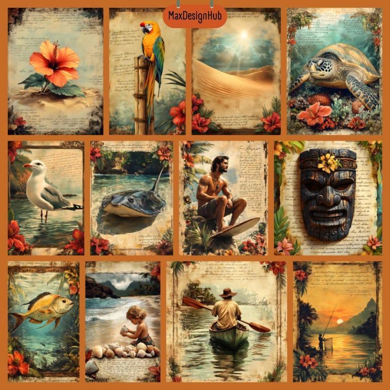 Tropical Hawaiian Junk Journal Pages: Beach Vacation Art (digital ...