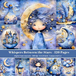 Puede incluir: Un diario digital de chatarra con un tema celestial. La imagen presenta ilustraciones de una niña con cabello azul, lunas, estrellas y castillos en tonos azules y dorados. Se muestra el texto "Whispers Between the Stars - 120 Pages".