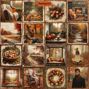May include: A digital collage of autumn-themed images. The collage features images of fall foliage, a cozy cabin, a woman drinking coffee, a window with a view of fall leaves, a bowl of nuts, a path through the woods, a woman in a white dress, a chair with a blanket, a wreath of fall leaves, and a man in a brown coat.