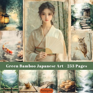 Grüner Bambus Japanische Kunst Seiten, Grünes Junk Journal, Scrapbook Seite, Papiermodelle, Digitales Papier, Druckbares Bild, Digital Download