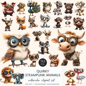 Steampunk Animals Clipart: PNG Printable Stickers (Digital Download)