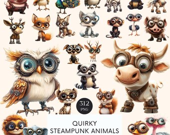 Steampunk Animals Clipart: PNG Printable Stickers (Digital Download)