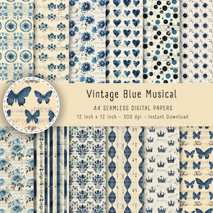 Papel digital imprimible efímero vintage azul, papel para álbum de recortes de descarga instantánea, fondos digitales para decoupage, textura de papel antiguo