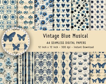 Blue Vintage Ephemera Printable Digital Paper, Instant Download Scrapbook Paper, Decoupage Digital Backgrounds, Old Paper Texture