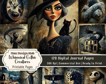 Gothic Creatures Junk Journal Pages, Dark Fantasy Ephemera Kit, Halloween Printable, Whimsical Characters