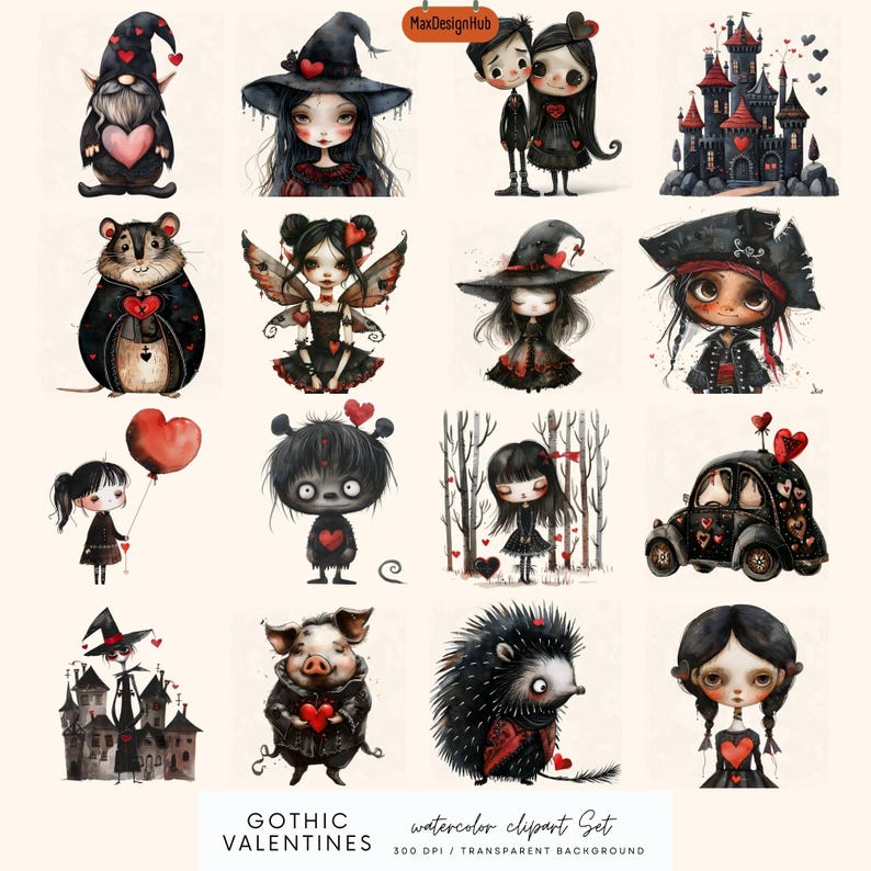 May include: A set of 16 watercolour illustrations featuring gothic Valentine's Day characters. The characters include a witch, a fairy, a gnome, a mouse, a pig, a hedgehog, a car, a castle, and more. The illustrations are in a dark and whimsical style, with a focus on hearts and love.