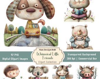 Whimsical Little Friends Clipart Bundle, Pastel Storybook Animals, Nursery PNG Characters