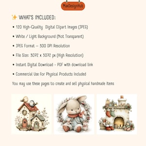May include: A digital product listing from MaxDesignHub featuring 120 high-quality JPEG clipart images at 300 DPI and 3072 x 3072 px resolution. The text details include white light backgrounds, instant download via PDF, and commercial use rights.