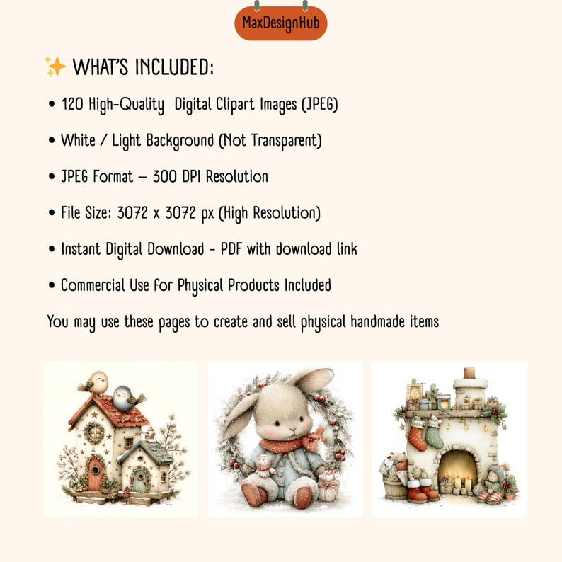 May include: A digital product listing from MaxDesignHub featuring 120 high-quality JPEG clipart images at 300 DPI and 3072 x 3072 px resolution. The text details include white light backgrounds, instant download via PDF, and commercial use rights.