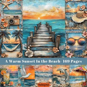 Puede incluir: Un collage de imágenes que representan una cálida puesta de sol sobre una playa con un muelle de madera que se extiende hacia el océano. El collage incluye imágenes de una hamaca, palmeras, conchas marinas, una cámara, gafas de sol, un delfín y una sombrilla. El texto "A Warm Sunset In the Beach - 169 Pages" se muestra en la parte inferior del collage.