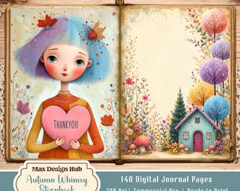 Autumn Whimsy Storybook Junk Journal Kit, Vintage Fall Scrapbook Pages, Printable Journal Background Papers