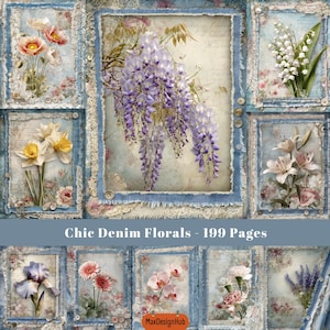Página de diario de mezclilla, efímeras de flores, páginas de tela de encaje, hojas de collage, página de scrapbooking, papel shabby chic, descarga digital