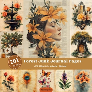 Forest Junk-dagboekpagina's, natuur, kortstondige bossen, bospagina's, voorraad ongewenste tijdschriften, afdrukbaar papier, scrapbookingpapier