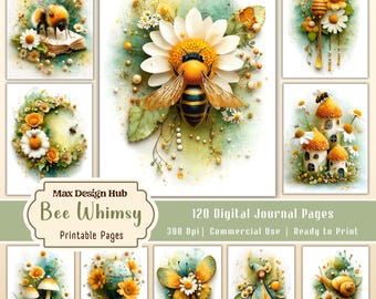 Bee Whimsy Junk Journal Kit, Bumblebee Printable Pages, Cottagecore Daisy Papers, Summer Scrapbook Backgrounds