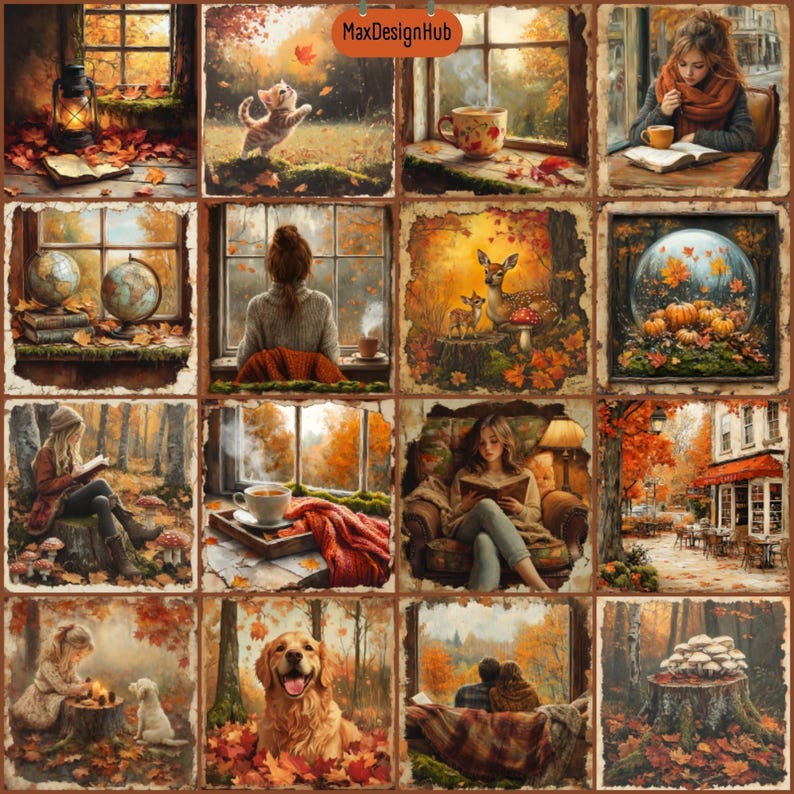 May include: A collage of 12 autumn-themed images. The images feature a variety of scenes, including a cat looking up at a leaf, a woman looking out a window, a deer in the woods, a woman reading a book, a cup of coffee, a dog in the woods, and a couple sitting on a blanket. The images are all framed in a rustic style.
