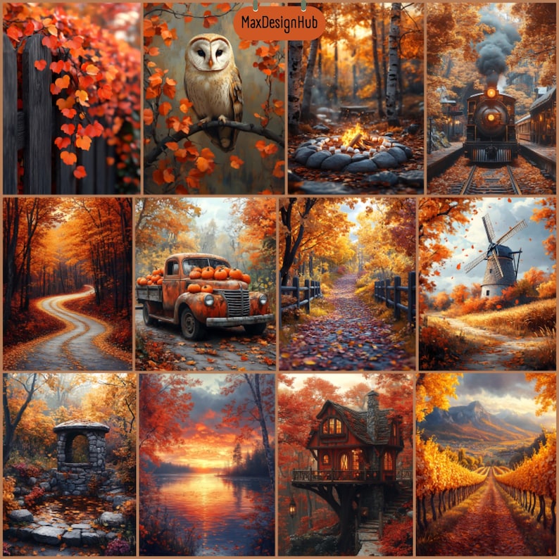 May include: A collage of autumn-themed images. Scenes include a winding road, a vintage truck filled with pumpkins, a train, a bonfire, a windmill, a lake at sunset, a treehouse, and a barn owl perched on a branch. The color palette is dominated by warm oranges and reds.
