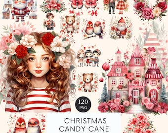 Watercolor Christmas Clipart: Candy Cane, Santa, Snowman (PNG)