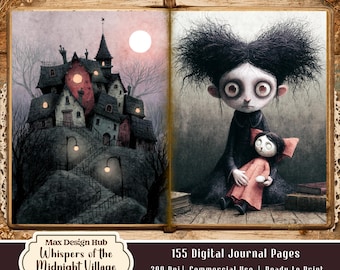 Whispers of the Midnight Village Junk Journal, Gothic Printable Pages, Dark Whimsical Kit, Storybook Ephemera
