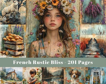 May include: A collage of images with a rustic theme. The central image features a young woman with a flower crown, surrounded by greenery and flowers. Other images include a sheep, a wooden crate with bread, a wooden walkway, a house, a boy in a garden, a lake with ducks, a puppy, and a window with potted plants.