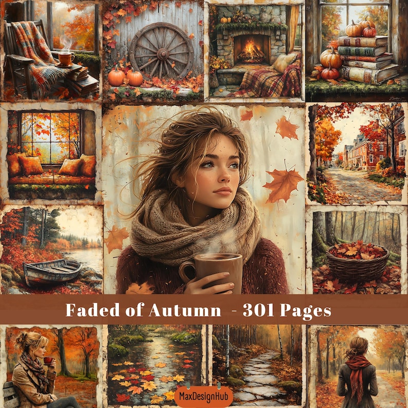 May include: A collage of autumn-themed images featuring a woman in a brown scarf and sweater holding a mug of coffee, a fireplace, a boat on a lake, a forest path, and a town street. The text "Faded of Autumn - 301 Pages" is at the bottom of the collage.