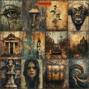 May include: A collage of nine images with a vintage, rustic aesthetic. The images include a close-up of an eye, a mushroom, a plant, a bull's head, a building with columns, a church steeple, a car driving down a road, a moonlit forest, a chess piece, a woman's face, a wooden chest, and a spiral pattern.