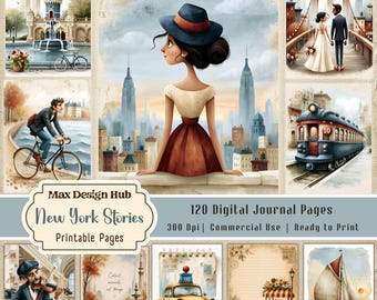 New York Stories Junk Journal Kit, Vintage City Printable Pages, Travel Scrapbook Papers, Storybook
