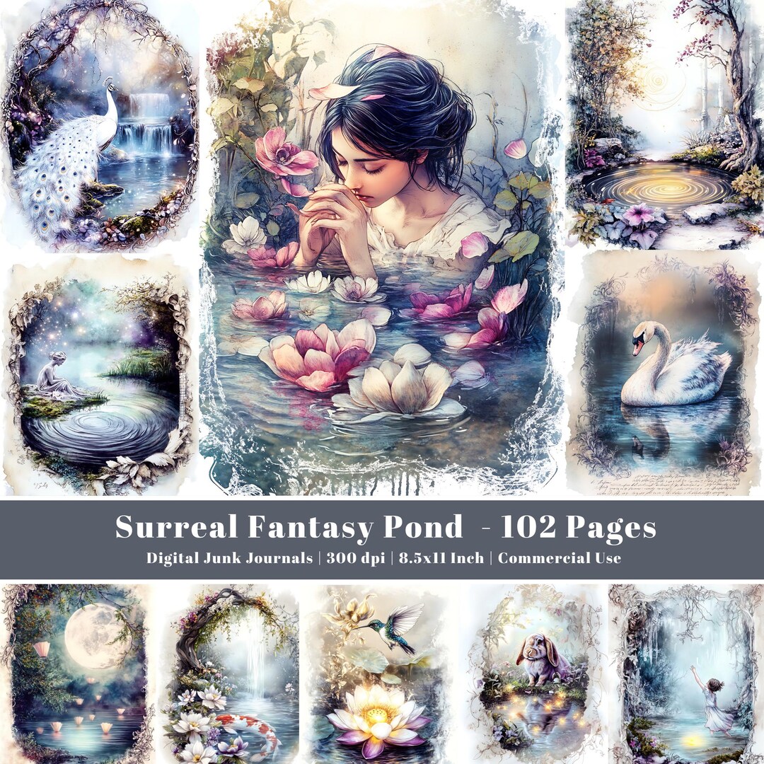 Surreal Fantasy Pond Junk Journal Pages, Dreamy Magical Nature ...