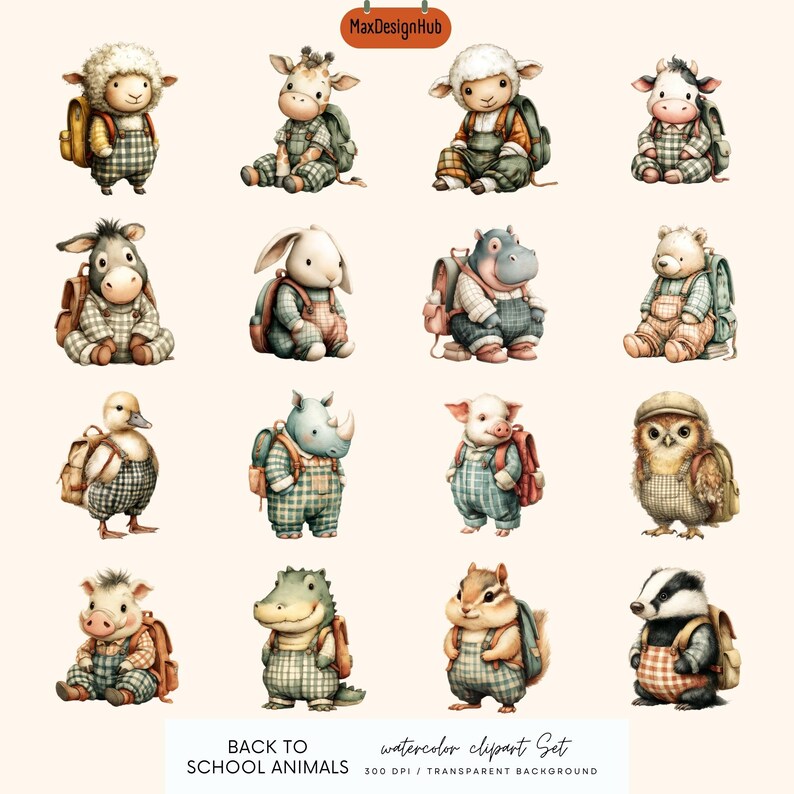 Back to School Animals Clipart: Watercolor PNG Set (digital Download ...