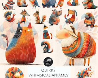 Imágenes prediseñadas de animales caprichosos: Imágenes PNG divertidas del bosque (descarga digital)