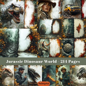 Jurassic Dinosaur World, ongewenste dagboekpagina's, digitaal dinosauruspapier, dinosaurussenthema, afdrukbaar papier, scrapbookingpapier, digitale collage