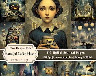 Haunted Coffee House Junk Journal Kit, Halloween Printable Pages, Gothic Scrapbook Paper, Dark Academia