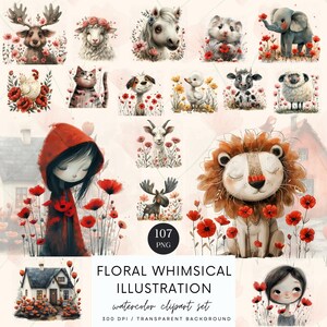 Wunderliche Blumen Illustration Clipart, minimalistische Clipart, Aquarell PNG, Blumen Clipart, Papierhandwerk, digitaler Download, kommerzielle Nutzung