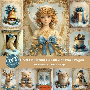 Page imprimable de journal indésirable de Noël doré, Noël victorien doré, graphique de Noël doré, JPG de Noël doré, saison des fêtes, carte postale
