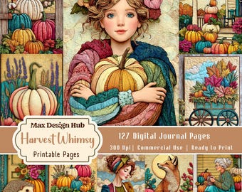 Harvest Whimsy Junk Journal Pages, Cozy Fall Printable Kit, Cottagecore Autumn Papers, Pumpkin Journal