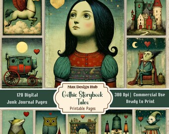 Gothic Storybook Tales Junk Journal Pages, Vintage Fantasy Printable, Medieval Scrapbook Backgrounds