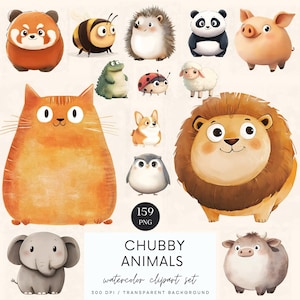 Chubby Animals Watercolor Clipart, Cute Animals PNG, Animals Clip Art, Printable Animals, Clipart Bundle, Nursery Decor, Digital Animals