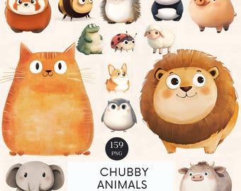 Watercolor Chubby Animals Clipart Bundle, Nursery Art (PNG)