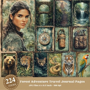 Bos avontuur reizen ongewenste dagboekpagina's, dierenafbeeldingen, vos, hert, paddenstoel, wildernis, natuur, afdrukbaar papier, scrapbookingpapier
