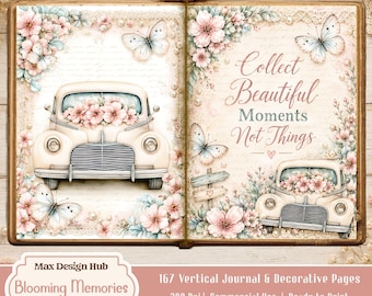 Blooming Memories Junk Journal Pages, Vintage Floral Printable, Butterfly Rose Scrapbook, Romantic Vintage Art
